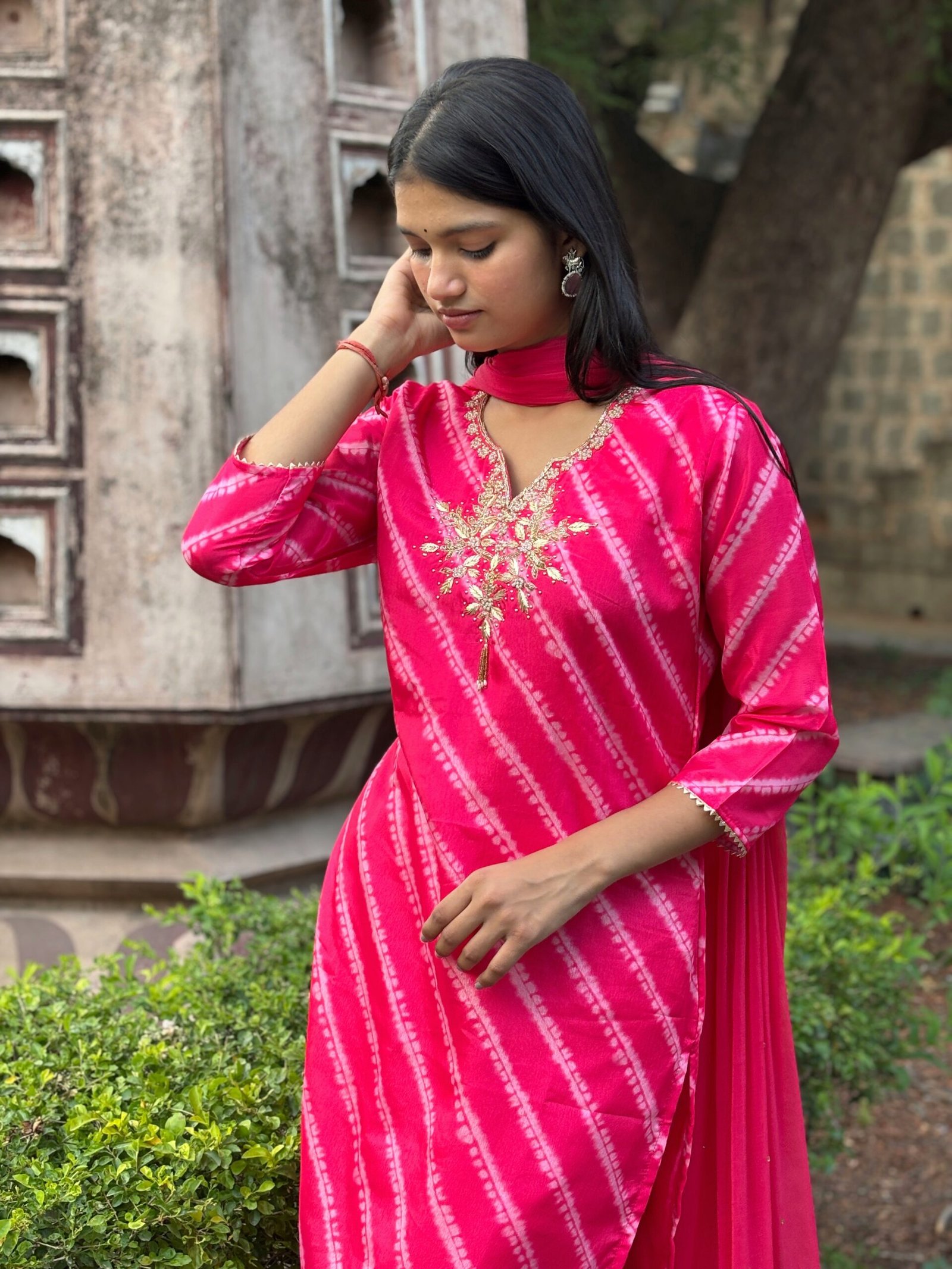 Pink Leheria Embroidered Straight Suit Set