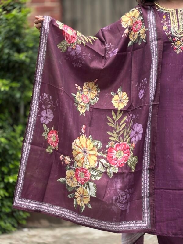 Wine Royale Muslin Silk Embroidered Straight Suit