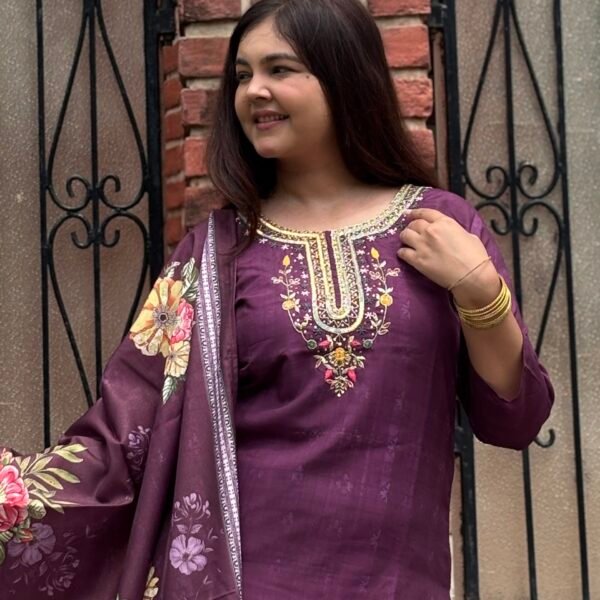 Wine Royale Muslin Silk Embroidered Straight Suit