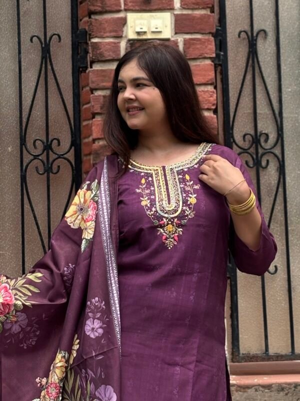 Wine Royale Muslin Silk Embroidered Straight Suit
