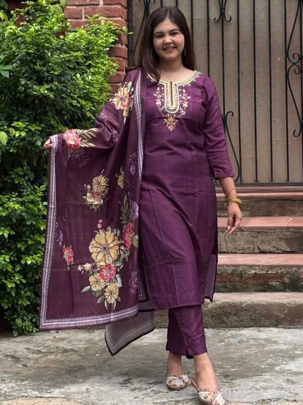 Wine Royale Muslin Silk Embroidered Straight Suit