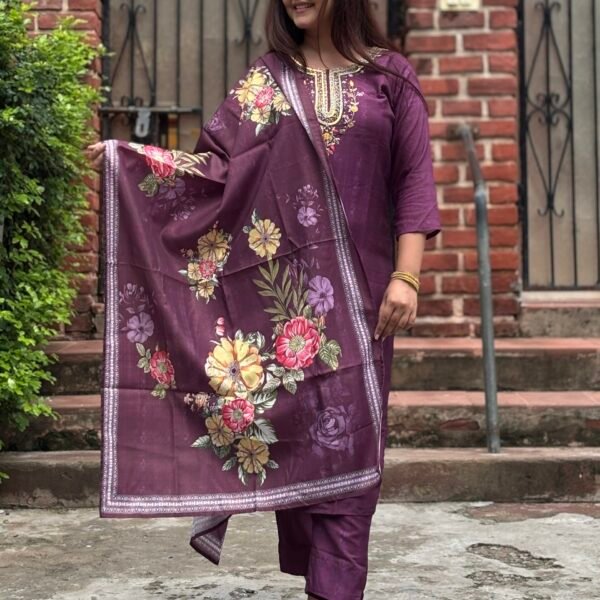 Wine Royale Muslin Silk Embroidered Straight Suit