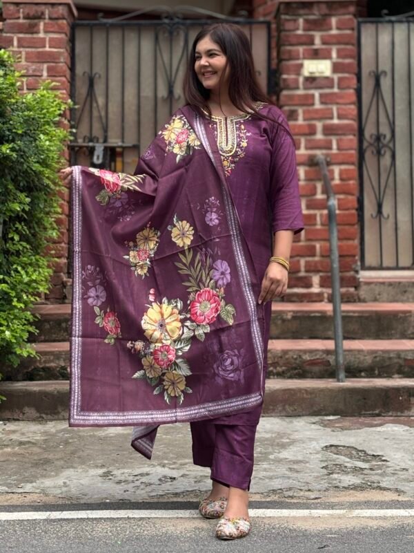 Wine Royale Muslin Silk Embroidered Straight Suit