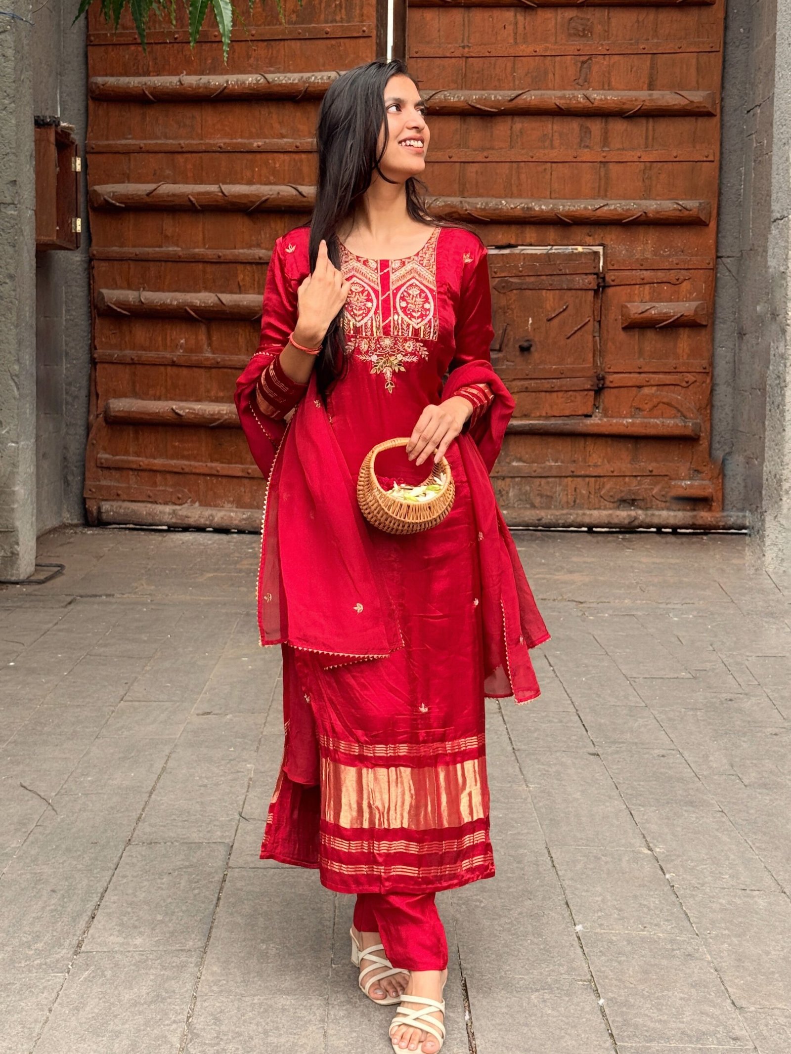 Red Pure Gajji Silk Embroidered Suit Set