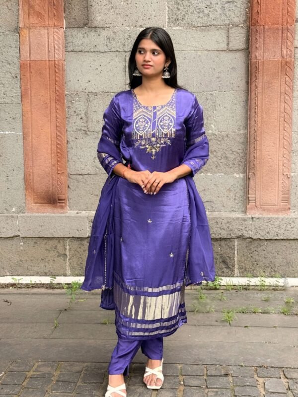 Purple Pure Gajji Silk Embroidered Suit Set