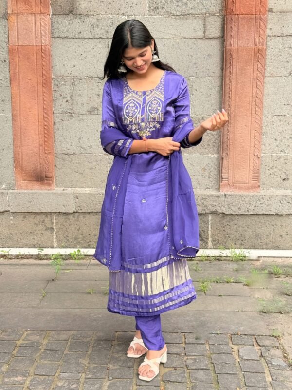 Purple Pure Gajji Silk Embroidered Suit Set