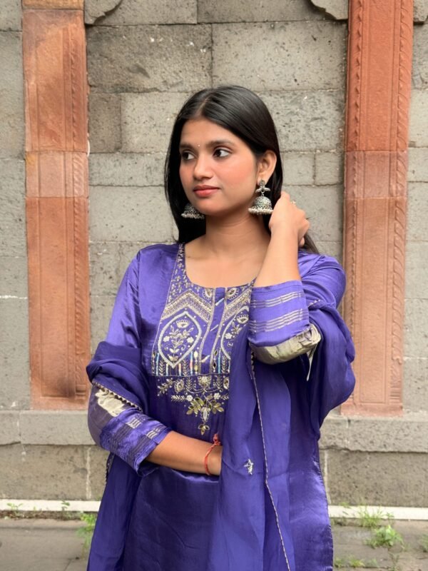 Purple Pure Gajji Silk Embroidered Suit Set