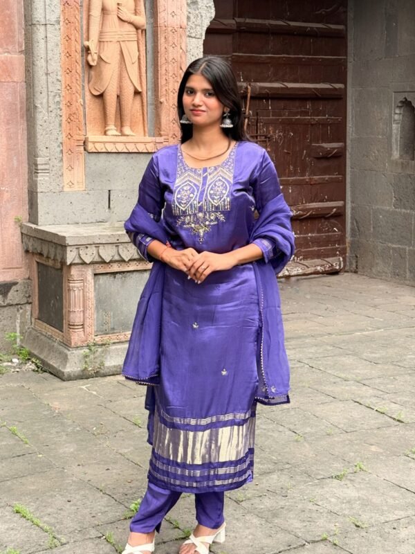 Purple Pure Gajji Silk Embroidered Suit Set