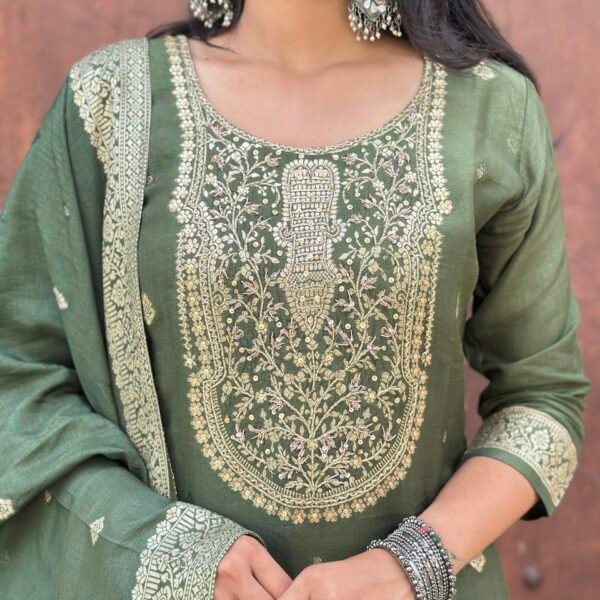 IMG_8122 Olive Green Pure Banarasi Raw Silk Embroidered Suit Set