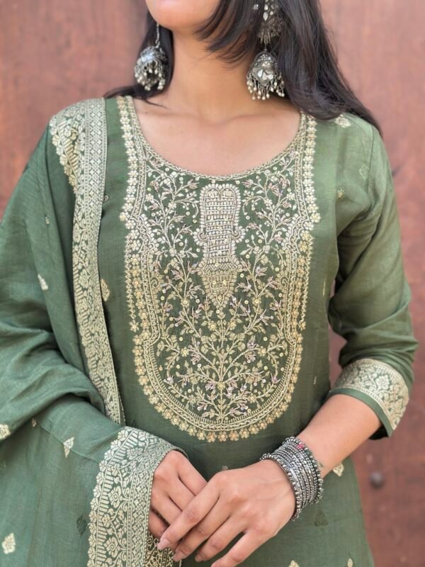 Olive Green Pure Banarasi Raw Silk Embroidered Suit Set