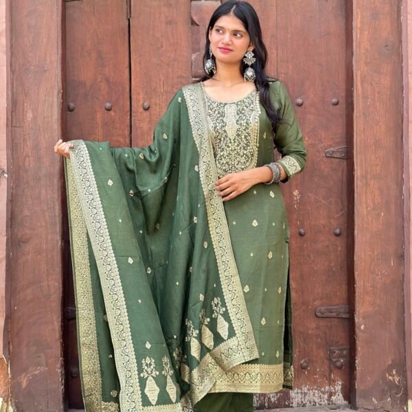 IMG_8129 Olive Green Pure Banarasi Raw Silk Embroidered Suit Set