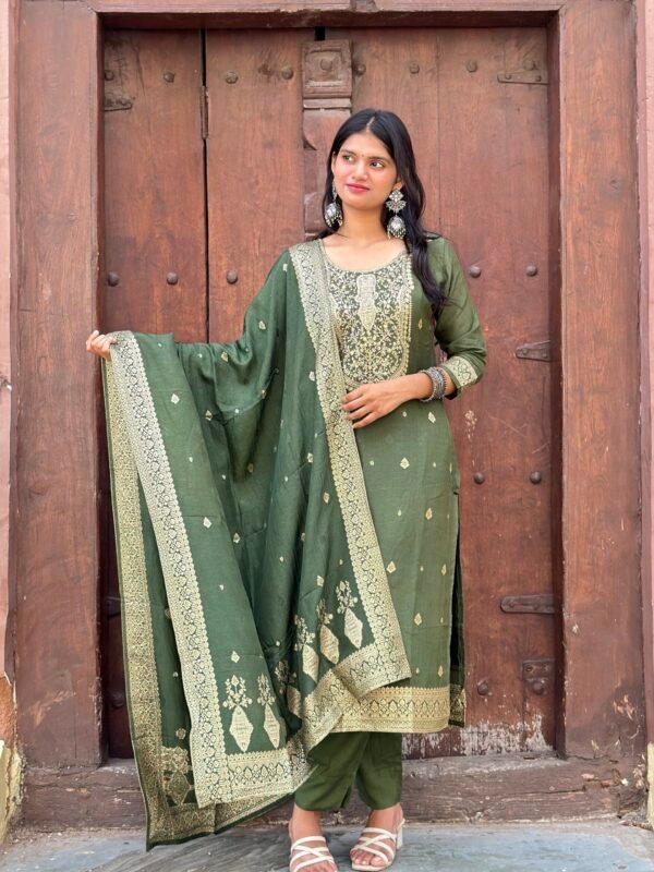 Olive Green Pure Banarasi Raw Silk Embroidered Suit Set