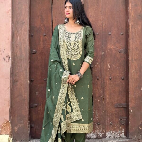IMG_8141 Olive Green Pure Banarasi Raw Silk Embroidered Suit Set