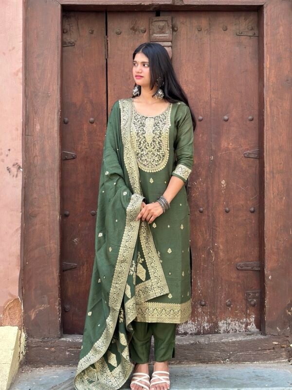 Olive Green Pure Banarasi Raw Silk Embroidered Suit Set