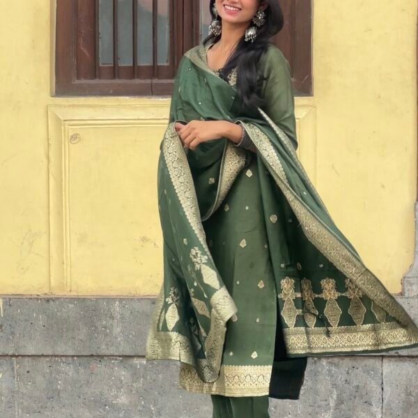 Screenshot Olive Green Pure Banarasi Raw Silk Embroidered Suit Set