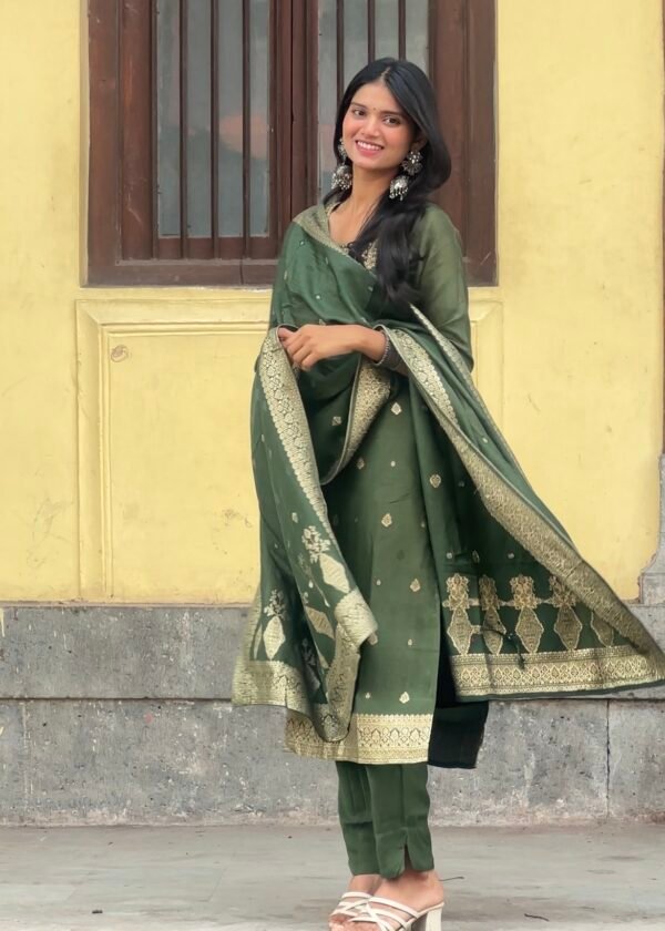 Olive Green Pure Banarasi Raw Silk Embroidered Suit Set