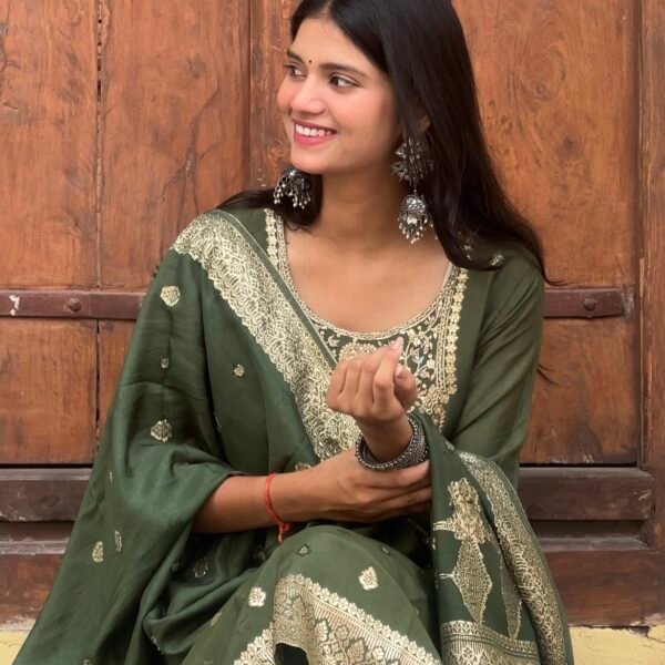 Screenshot Olive Green Pure Banarasi Raw Silk Embroidered Suit Set
