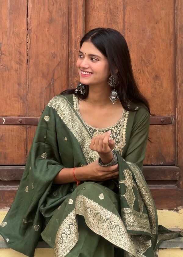 Olive Green Pure Banarasi Raw Silk Embroidered Suit Set