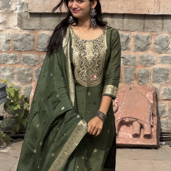 IMG_8167 Olive Green Pure Banarasi Raw Silk Embroidered Suit Set