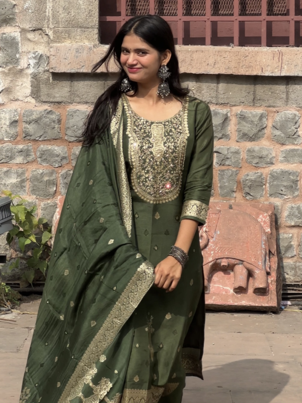 Olive Green Pure Banarasi Raw Silk Embroidered Suit Set