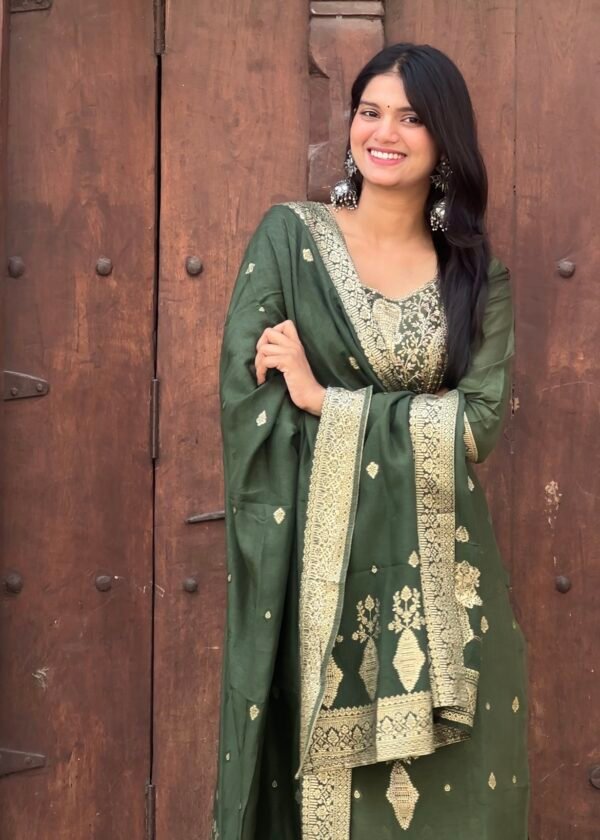 Olive Green Pure Banarasi Raw Silk Embroidered Suit Set