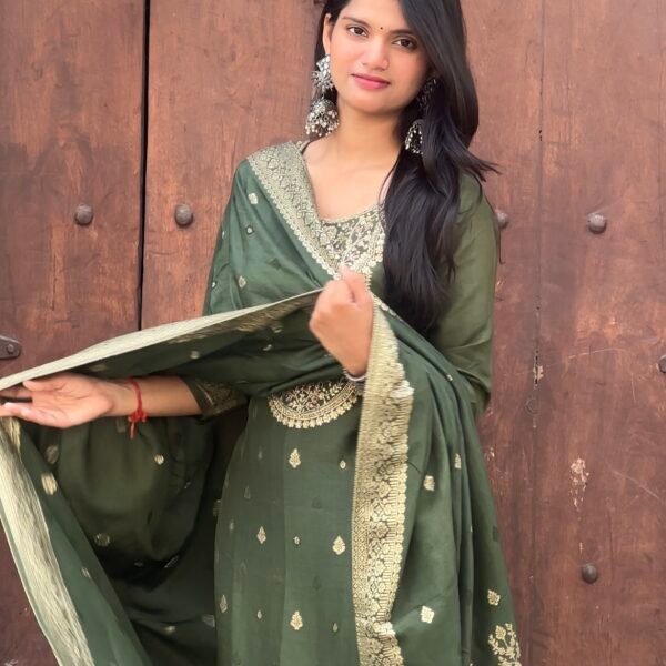 Screenshot Olive Green Pure Banarasi Raw Silk Embroidered Suit Set