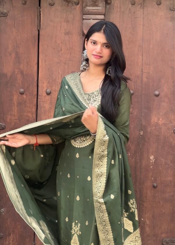 Olive Green Pure Banarasi Raw Silk Embroidered Suit Set