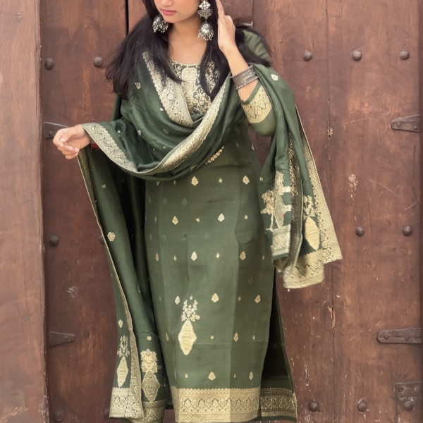 IMG_8173 Olive Green Pure Banarasi Raw Silk Embroidered Suit Set