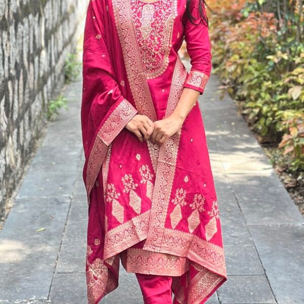 IMG_8568 Olive Green Pure Banarasi Raw Silk Embroidered Suit Set