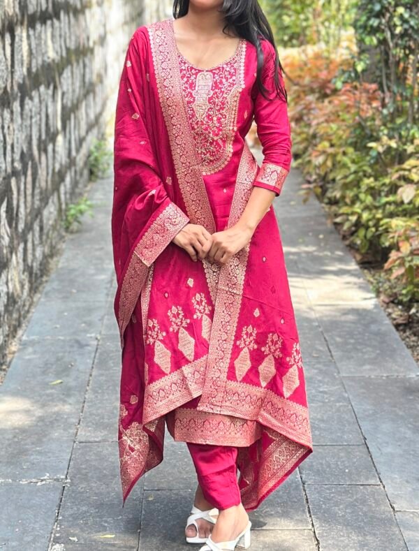 Olive Green Pure Banarasi Raw Silk Embroidered Suit Set