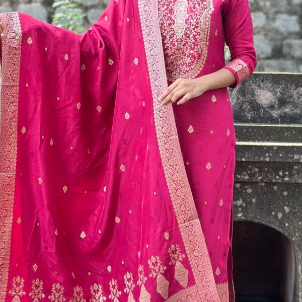 IMG_8574 Olive Green Pure Banarasi Raw Silk Embroidered Suit Set