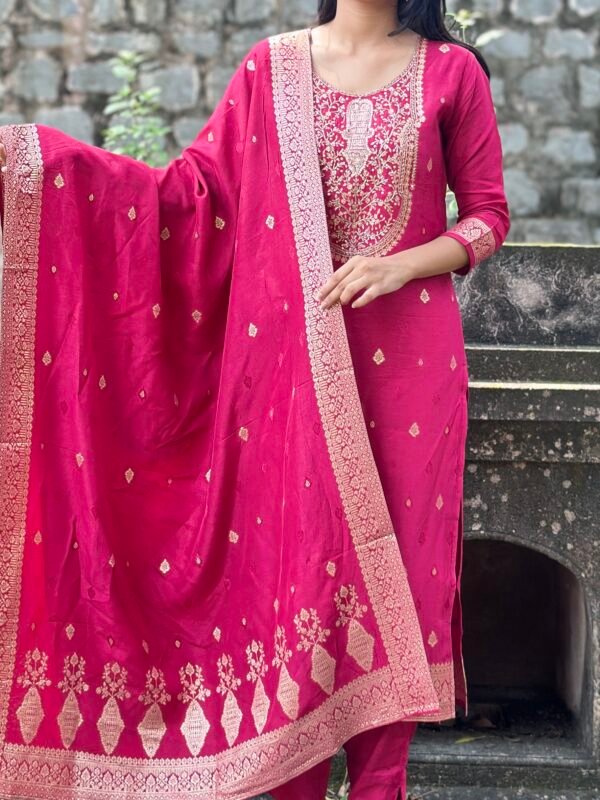 Olive Green Pure Banarasi Raw Silk Embroidered Suit Set