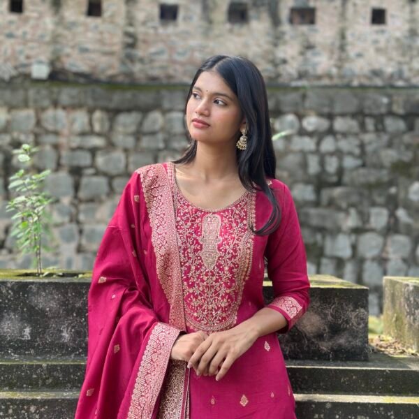Magenta Pure Banarasi Raw Silk Embroidered Suit Set