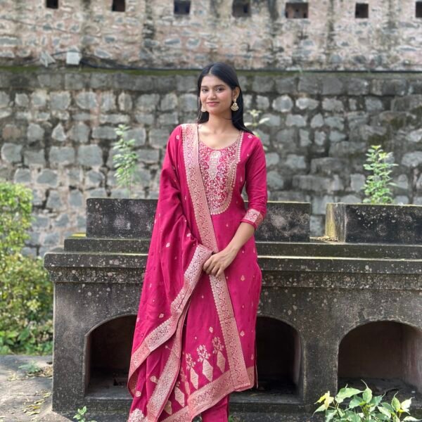 IMG_8600 Olive Green Pure Banarasi Raw Silk Embroidered Suit Set