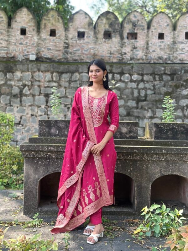 Olive Green Pure Banarasi Raw Silk Embroidered Suit Set