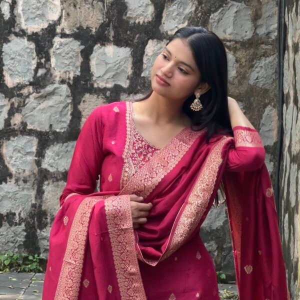 Magenta Pure Banarasi Raw Silk Embroidered Suit Set