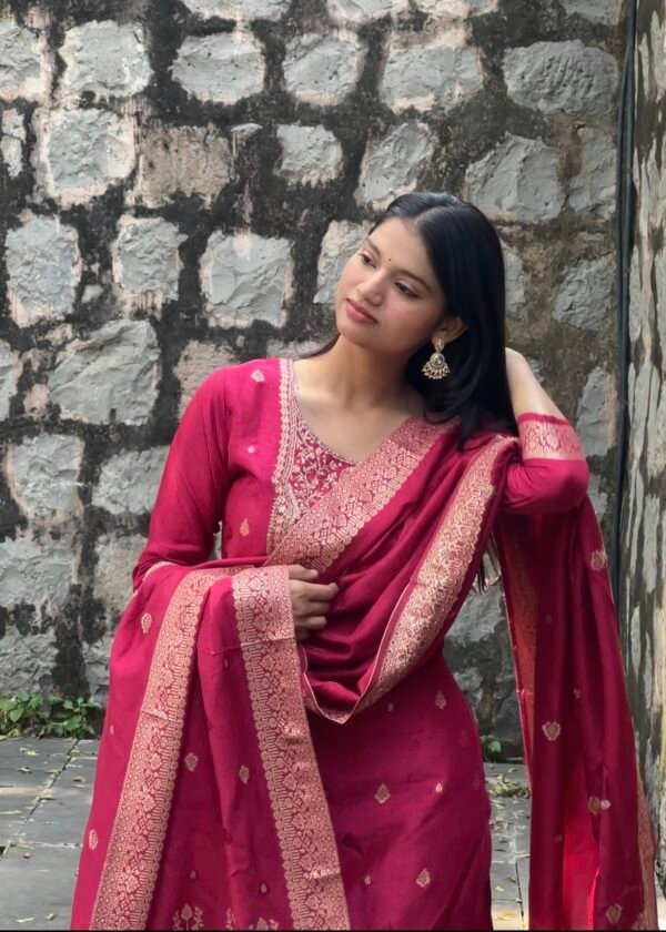 Magenta Pure Banarasi Raw Silk Embroidered Suit Set