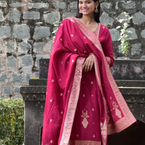 Screenshot Olive Green Pure Banarasi Raw Silk Embroidered Suit Set