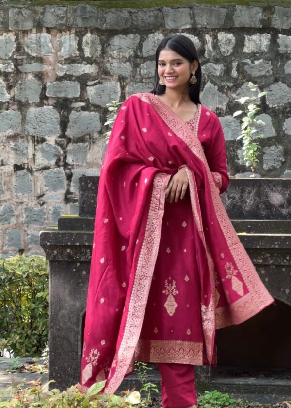 Olive Green Pure Banarasi Raw Silk Embroidered Suit Set