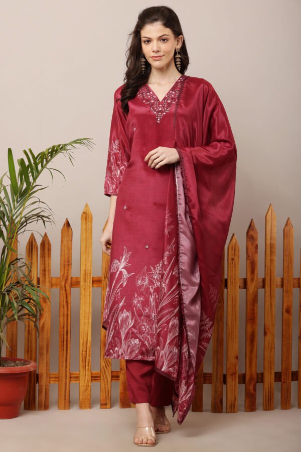 Red Digital Printed Embroidered Straight Suit