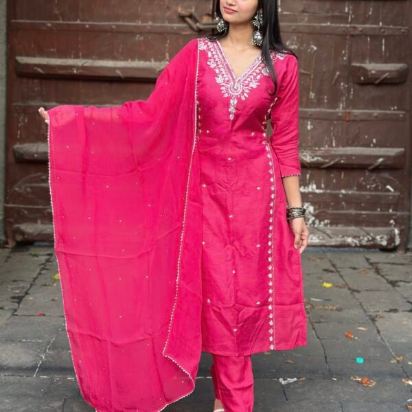 Hot Pink Luxe Dola Silk Embroidered Suit Set