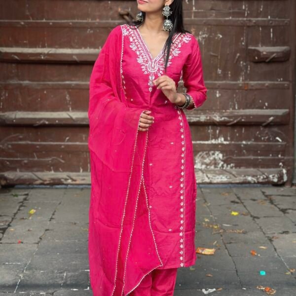 Hot Pink Luxe Dola Silk Embroidered Suit Set