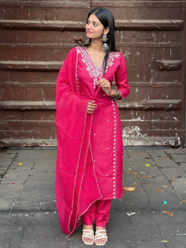 Hot Pink Luxe Dola Silk Embroidered Suit Set