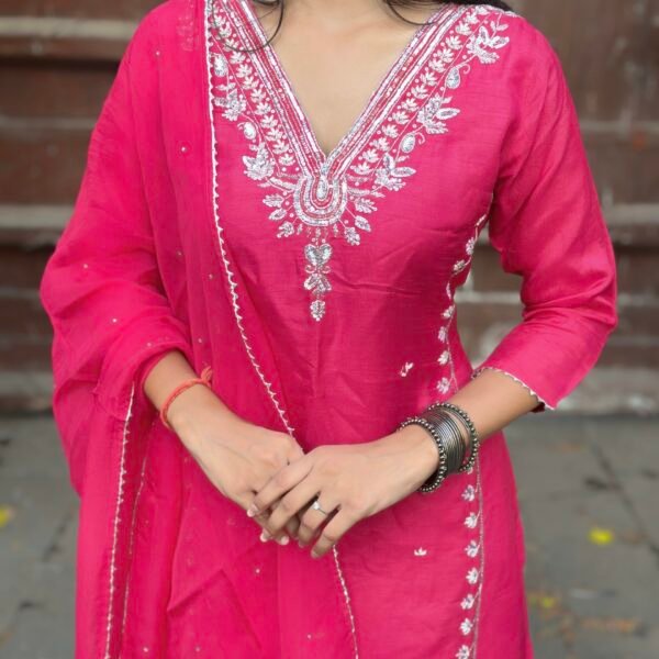 Hot Pink Luxe Dola Silk Embroidered Suit Set