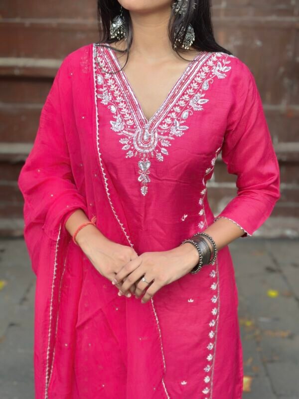 Hot Pink Luxe Dola Silk Embroidered Suit Set