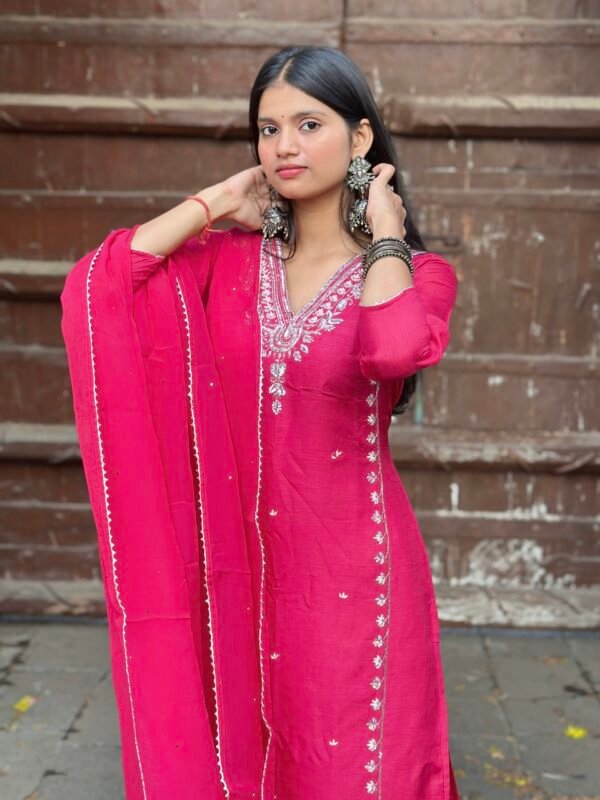 IMG_4482 Hot Pink Luxe Dola Silk Embroidered Suit Set