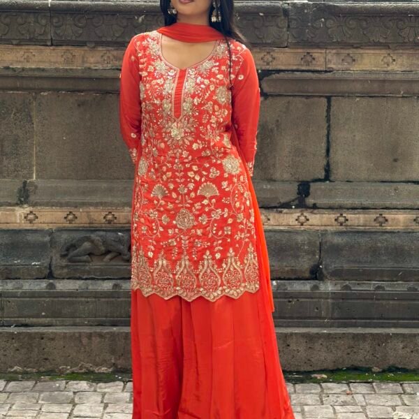 IMG_0429 Raabta Orange Hand Embroidered Sharara Suit