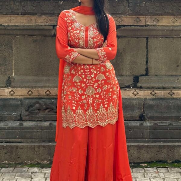 IMG_0434 Raabta Orange Hand Embroidered Sharara Suit
