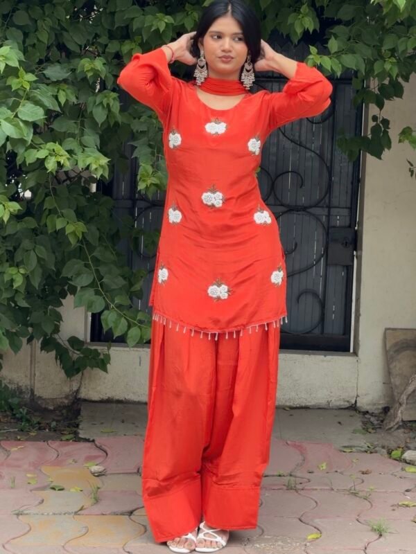 Sufi Rust Embroidered Farshi Salwar Suit
