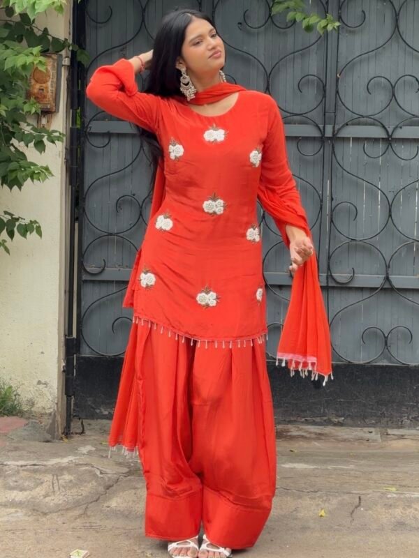 Sufi Rust Embroidered Farshi Salwar Suit